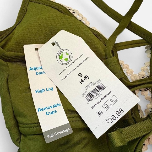 Time And Tru Boho Green Crochet Deep Plunge One Piece Swimsuit Women’s Small NWT - Picture 5 of 8